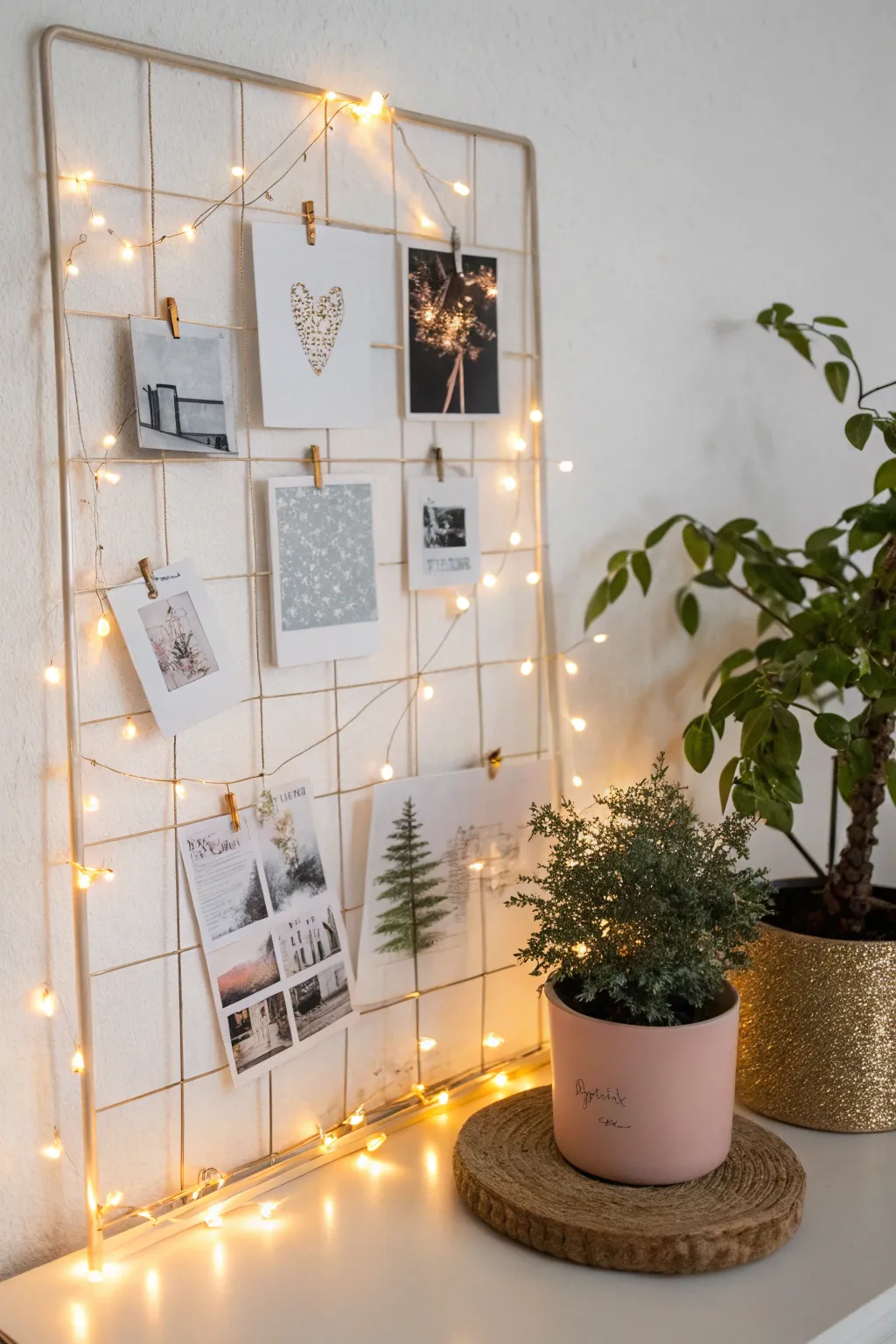 Transform your vision board into a sanctuary of inspiration with plants and fairy lights, embracing simplicity and natural beauty.