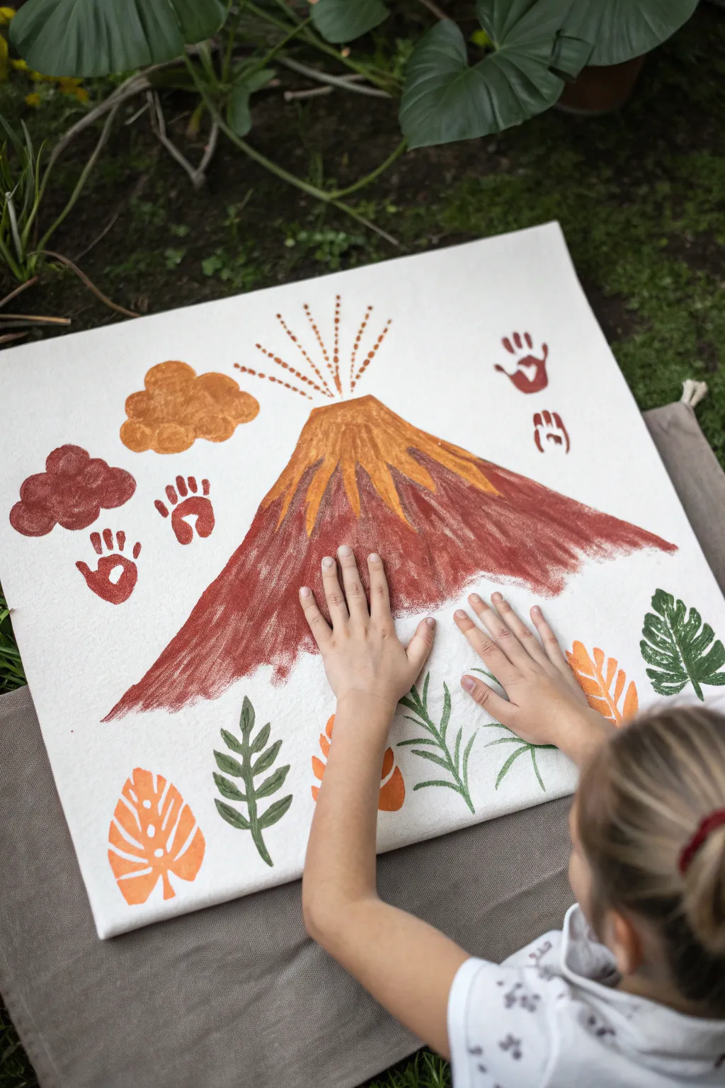Crafted with Love: A Minimalist Handprint Volcano Art Piece that Captures the Beauty of Nature and Personal Touch.