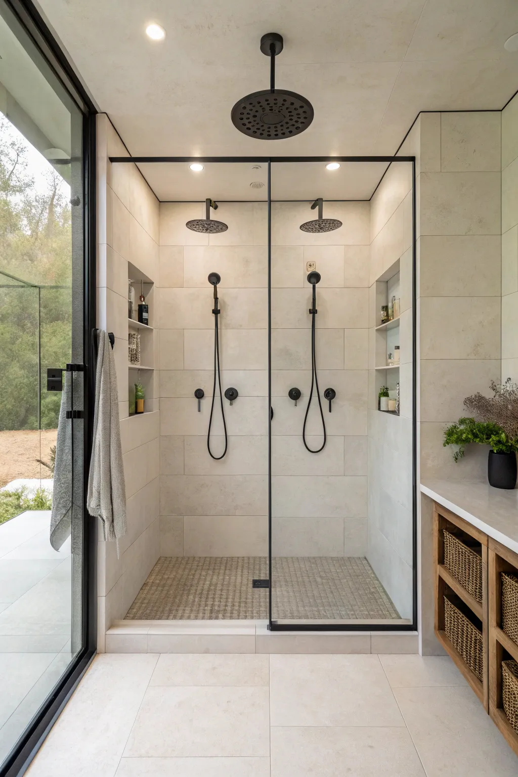 A double shower equipped with dual rain showerheads for a spa-like experience.