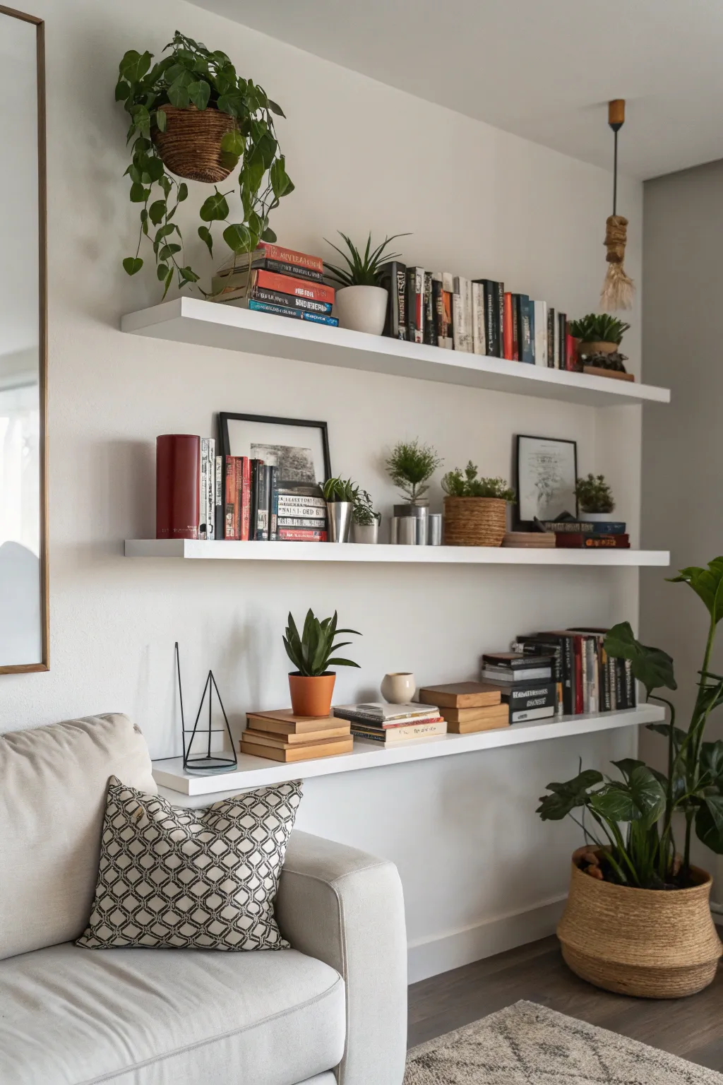 Floating shelves elegantly displaying books and decor.