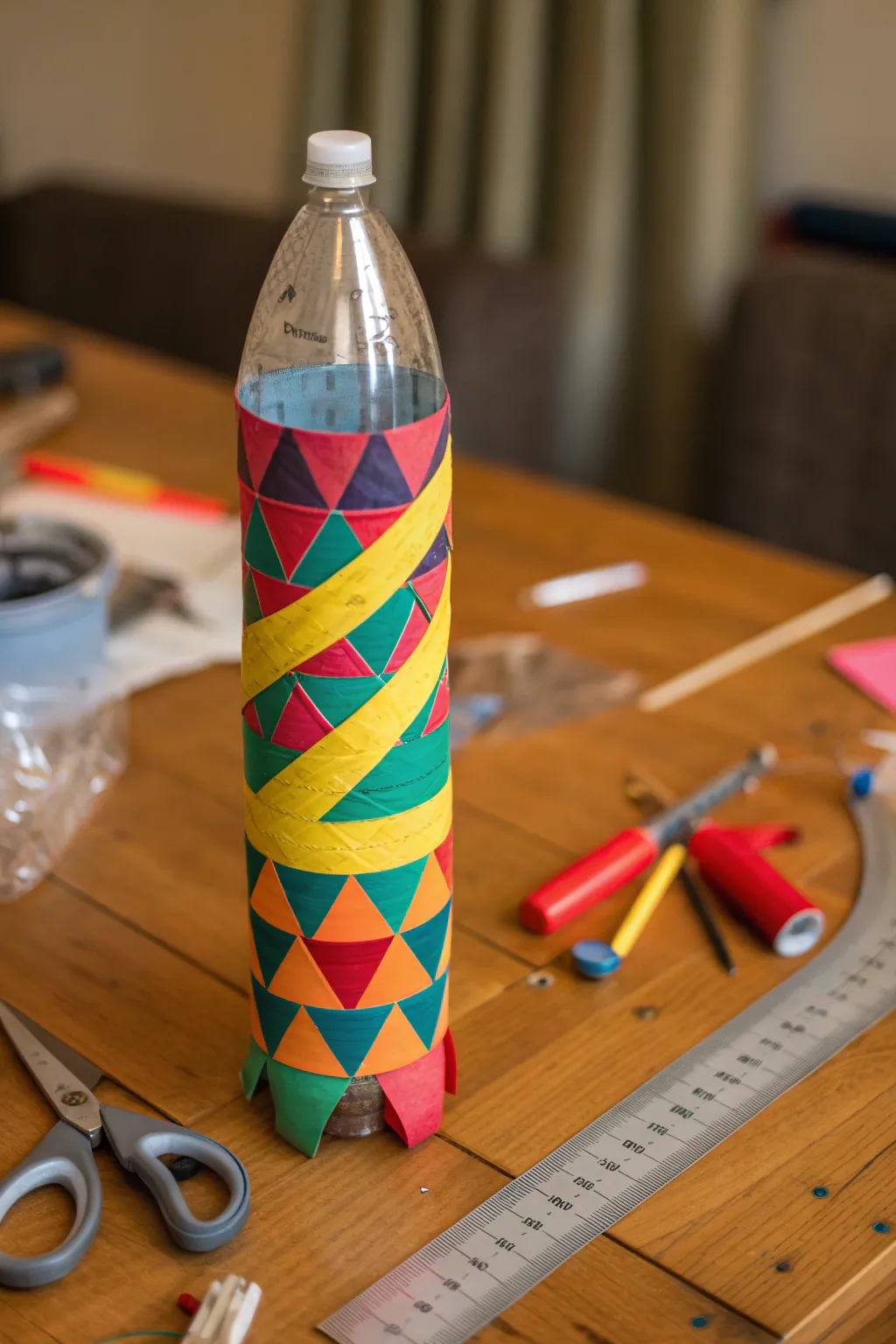 Elevate your rocket game with vibrant duct tape craftsmanship.