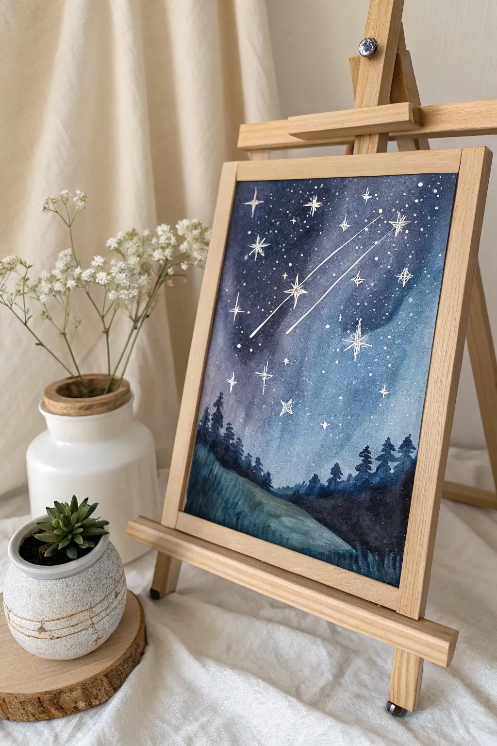 Capture the magic of the night sky with this enchanting watercolor masterpiece.