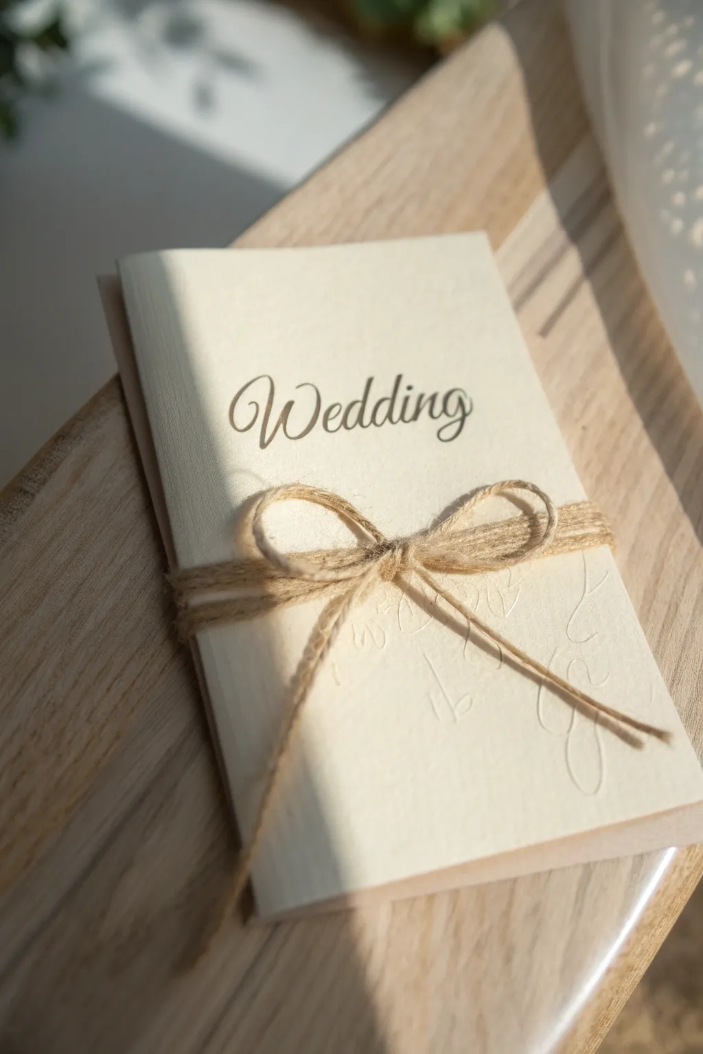 Embrace rustic elegance with a simple jute ribbon wrap for your wedding invitations.