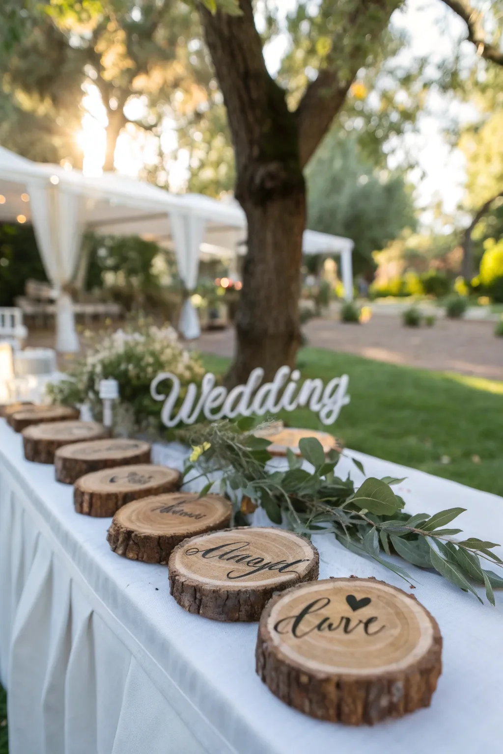 Natural elements provide a rustic charm to wedding name tags.
