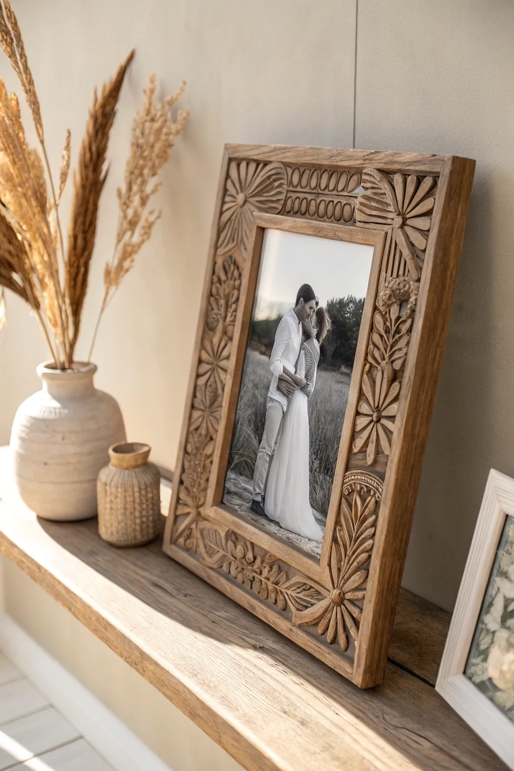 Capture timeless love with a rustic frame that tells a story of elegance and simplicity.