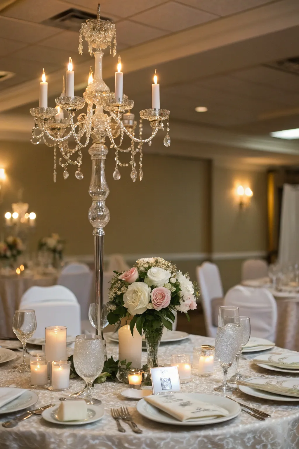Chandelier centerpieces add a touch of glamour to each table.