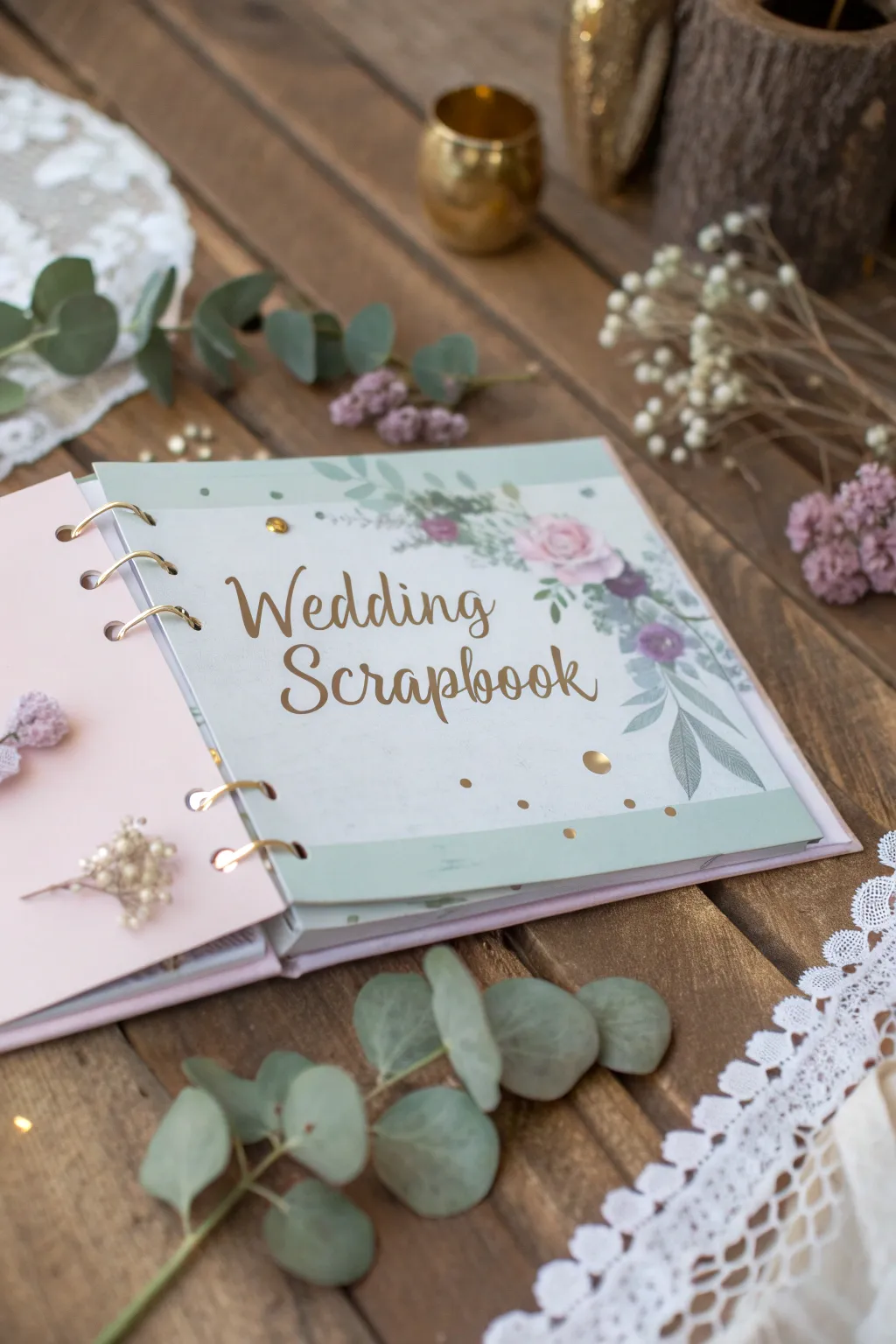 Embrace the elegance of soft pastels and metallics in your wedding scrapbook, creating timeless memories with a touch of natural beauty.