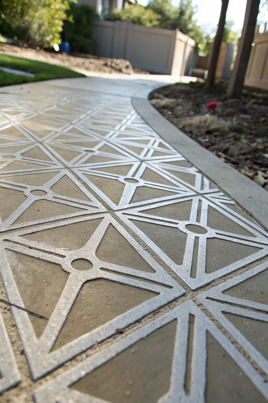 Elevate your walkway with striking geometric patterns in wet cement—where craftsmanship meets creativity.