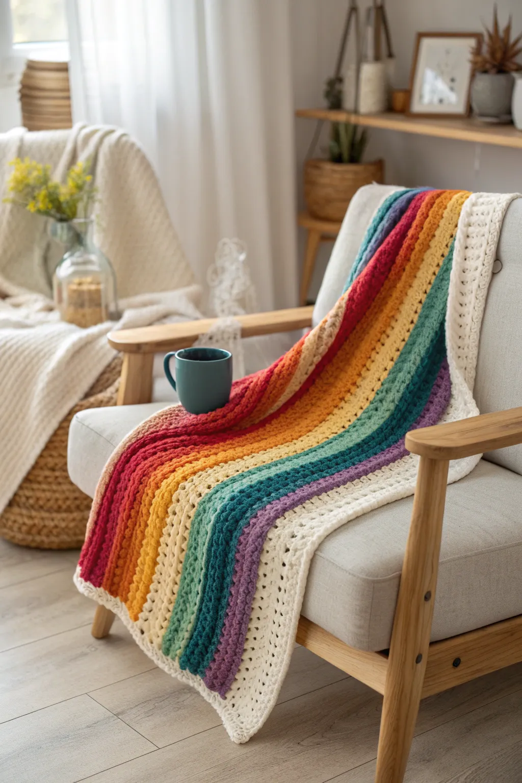 Wrap yourself in a symphony of colors with this handmade rainbow blanket. Perfect for a cozy night in!