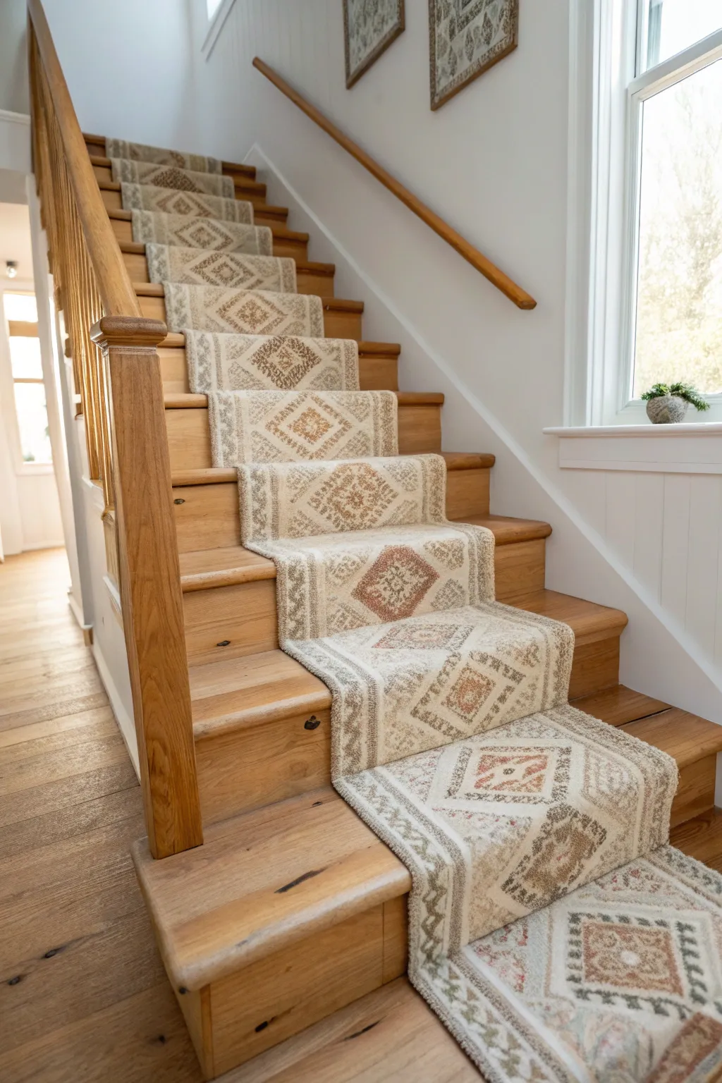 Transform your stairs with a chic and safe DIY stair runner using repurposed carpet pieces. A perfect blend of minimalism and boho charm!
