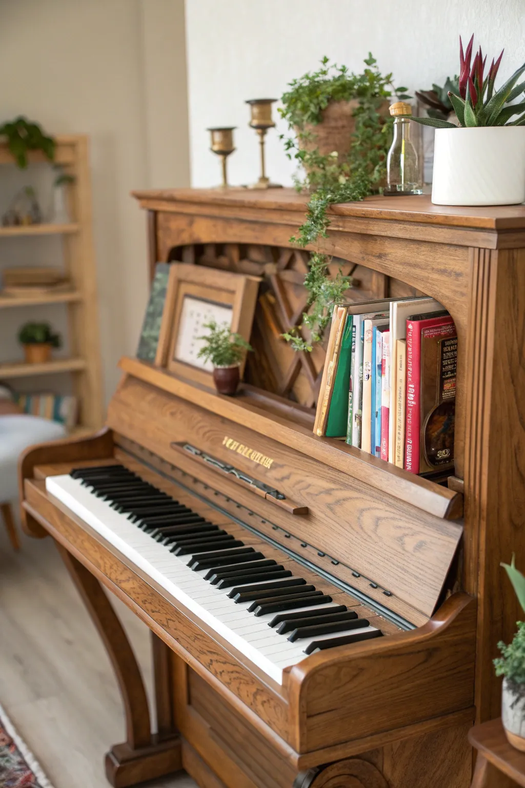 Transform your space with this stunning piano-turned-bookshelf, where music meets minimalism.