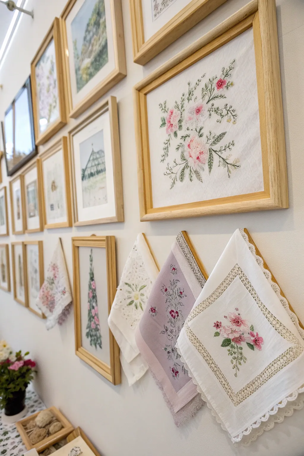 Transform your hallway into a gallery of vintage elegance with framed handkerchiefs.