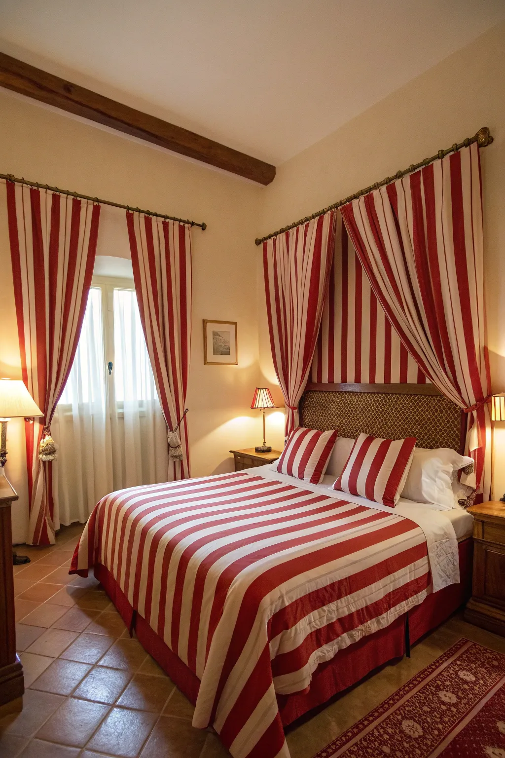 Playful red and white stripes bring a touch of whimsy to a refined bedroom setting.