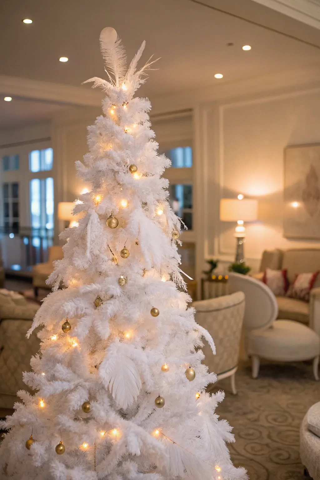 A white feather topper adds a touch of whimsy to this Christmas tree.