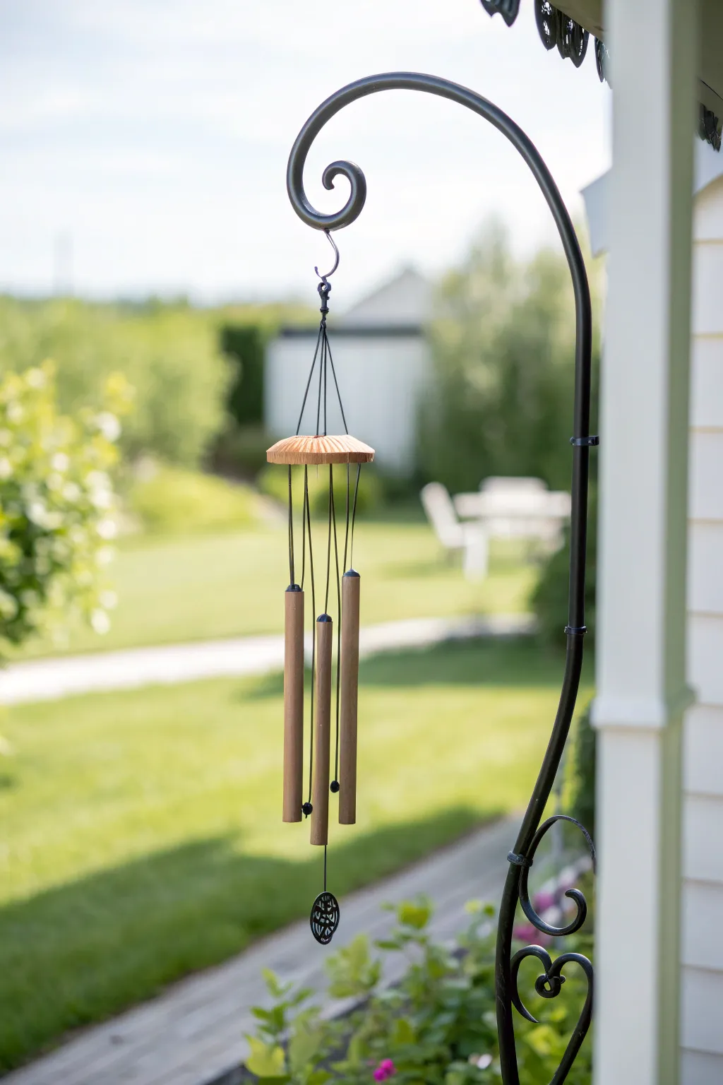 Elevate your garden's charm with a classic shepherd's hook and wind chime duo, embracing minimalist elegance with a touch of natural beauty.
