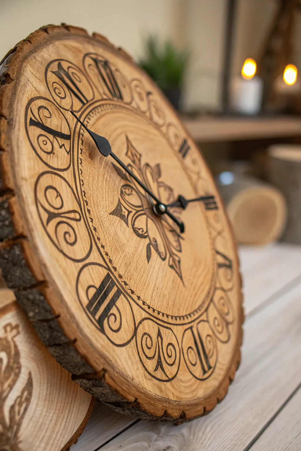 Timeless Elegance: A Rustic Wood Slice Clock with Intricate Wood Burning Designs.