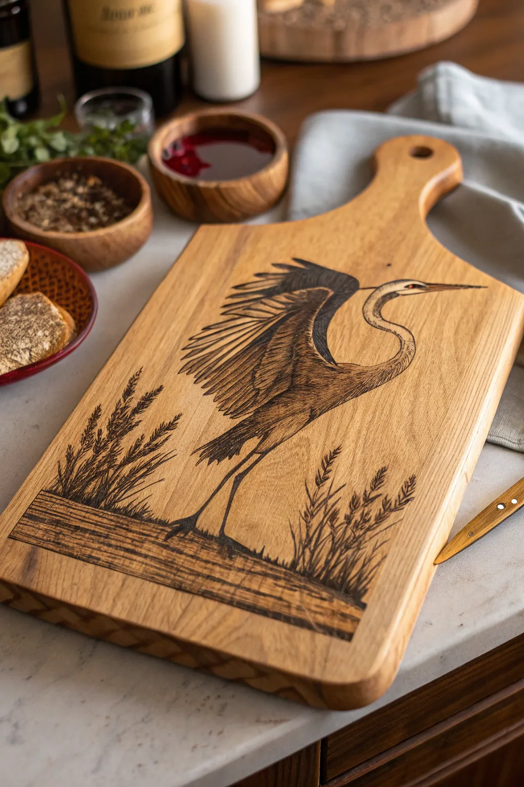 Elevate your kitchen with wildlife artistry: A heron in graceful flight, etched into wood.