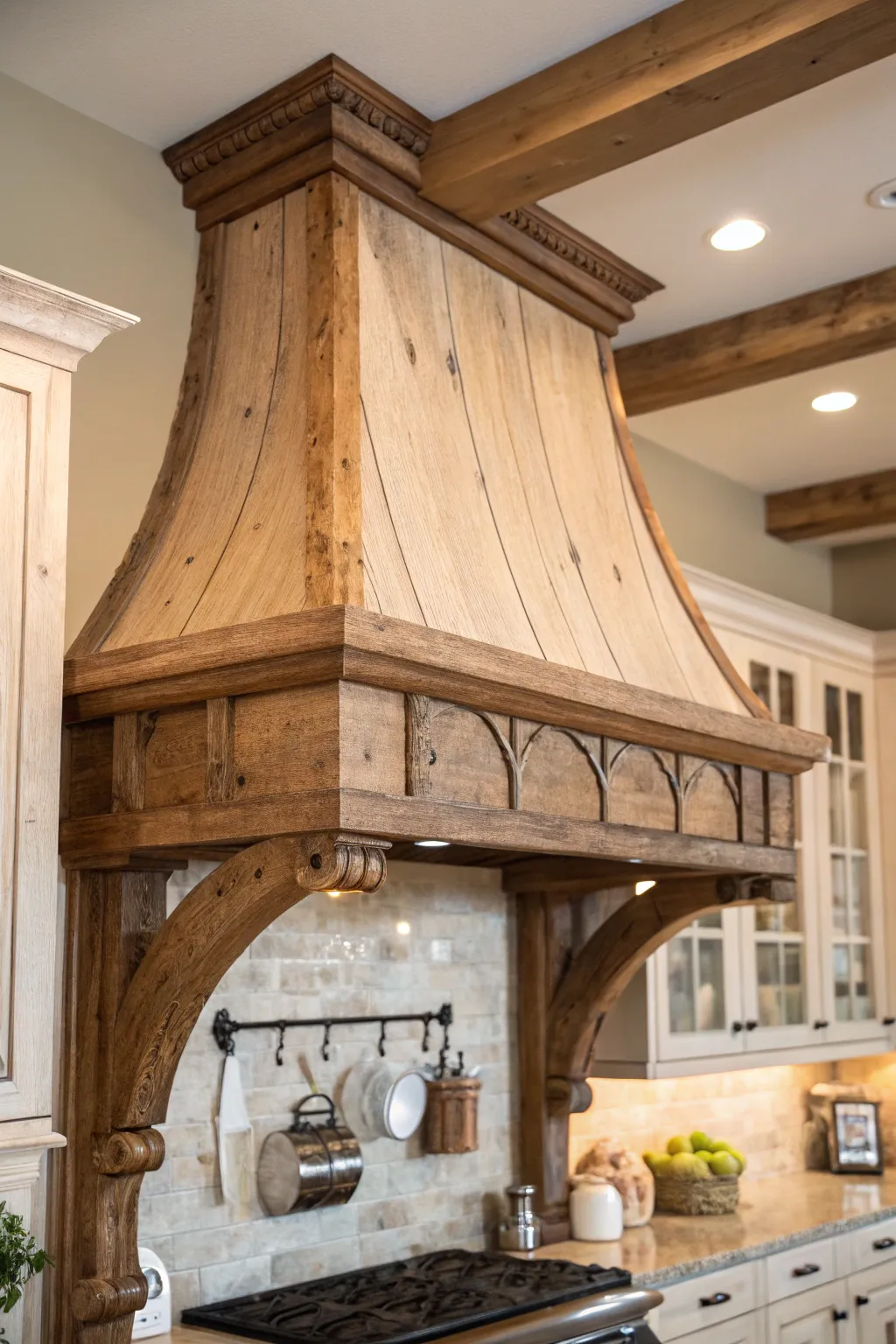 Transform your kitchen with a touch of farmhouse charm through this handcrafted wood hood masterpiece.