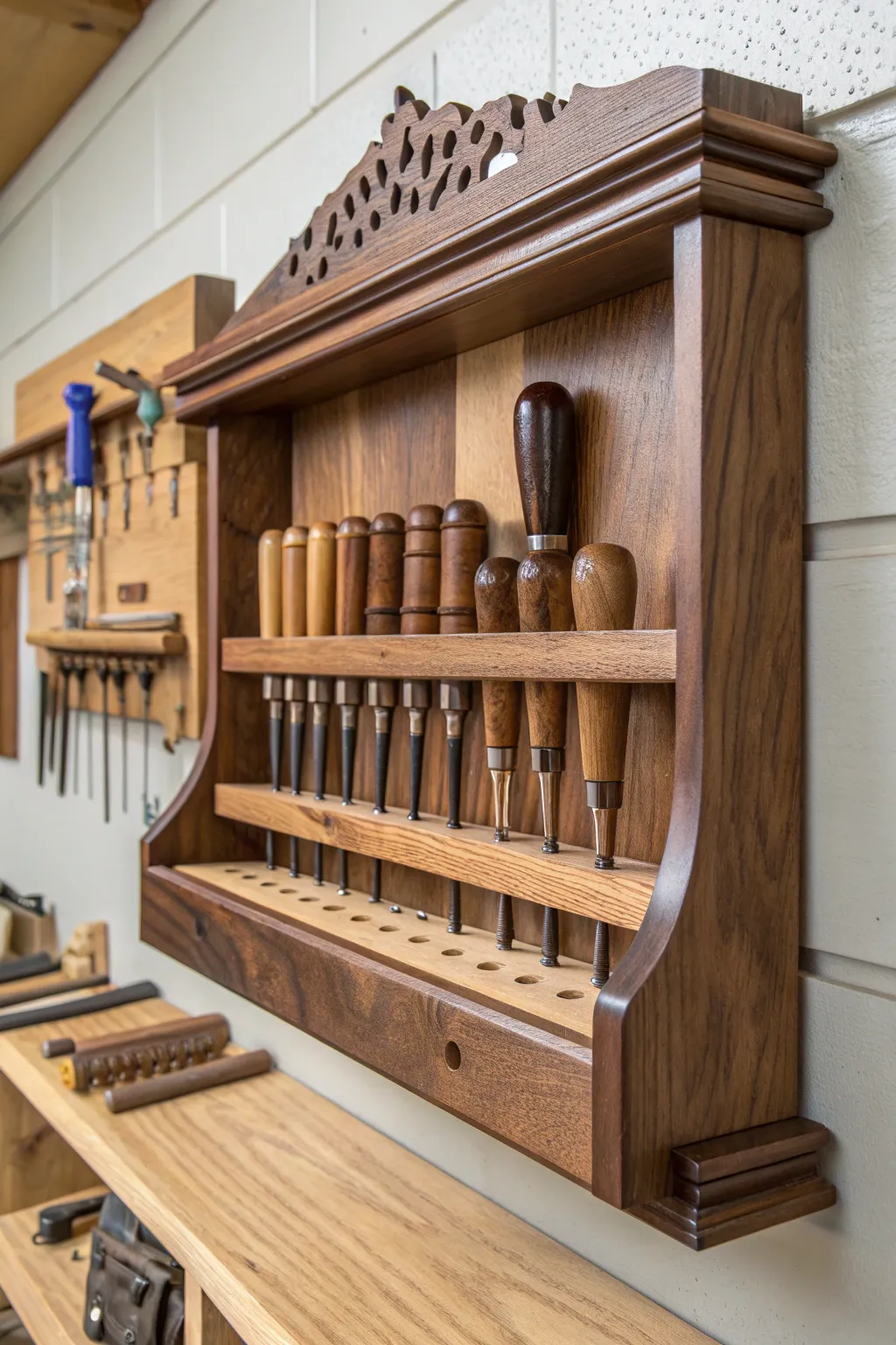 Elevate your workshop with custom wooden shelves that blend style and function.