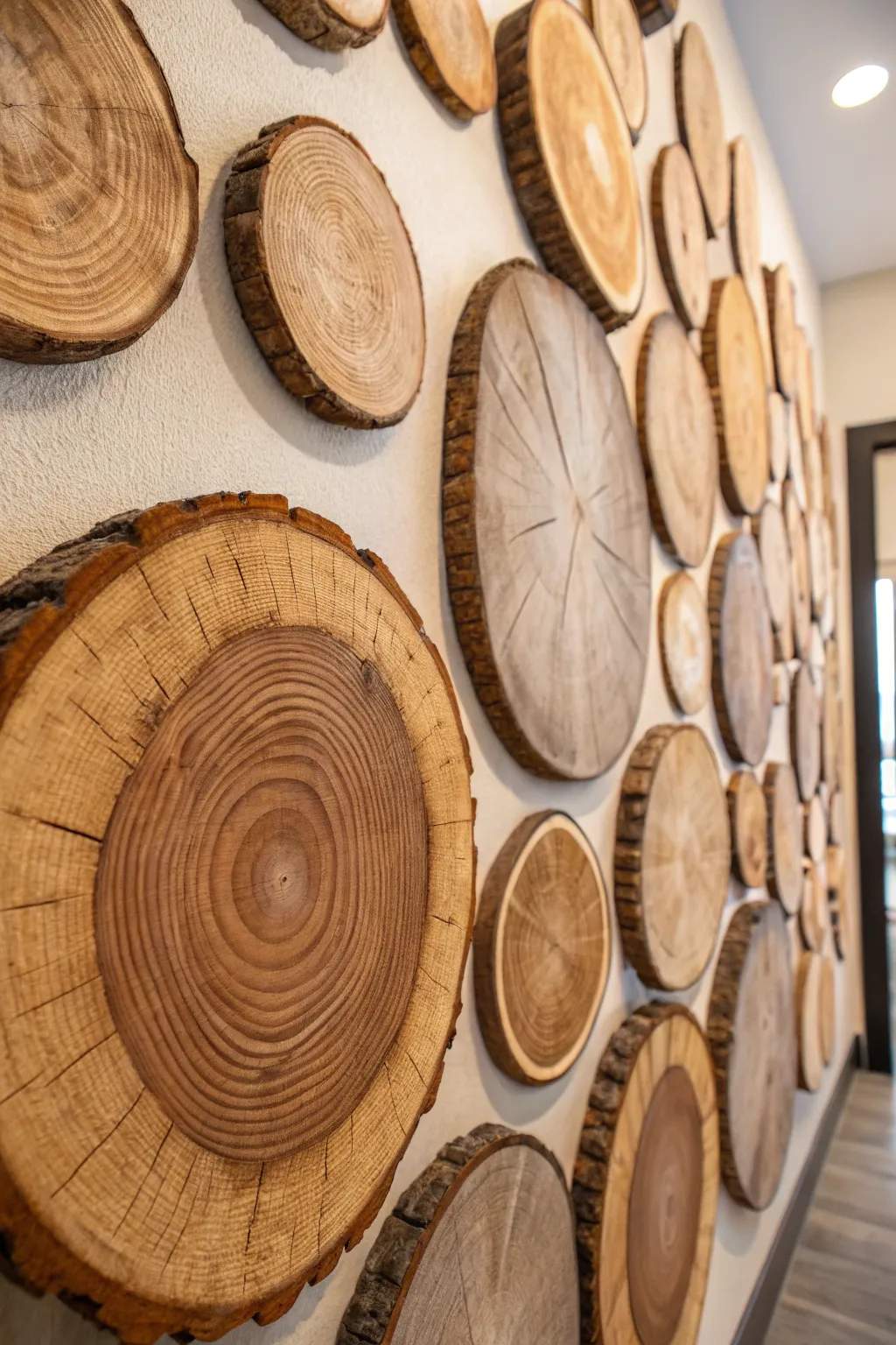 Craft your own masterpiece: A stunning wood round wall collage that celebrates natural beauty and skilled craftsmanship.