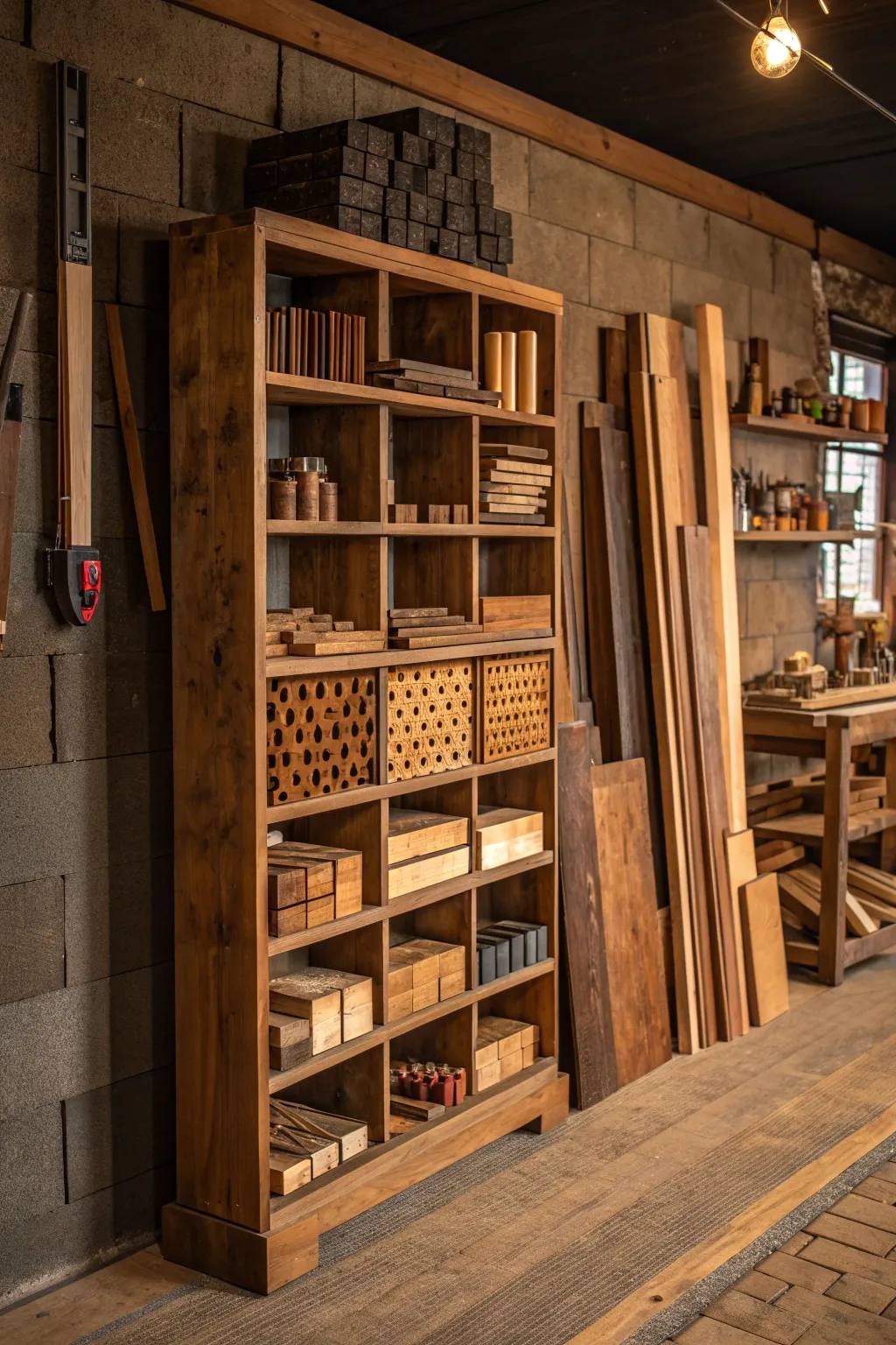 Maximize your workshop space with a sleek and functional wall rack for wood storage.