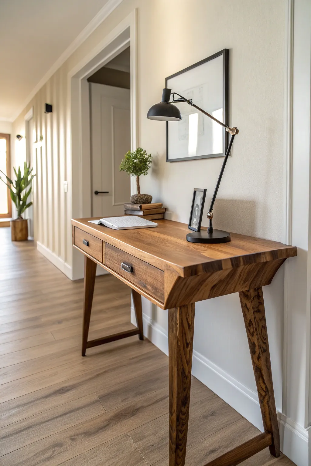 Maximize your hallway's potential with a chic, handcrafted narrow wood slab desk. Perfect for tight spaces without compromising on style.