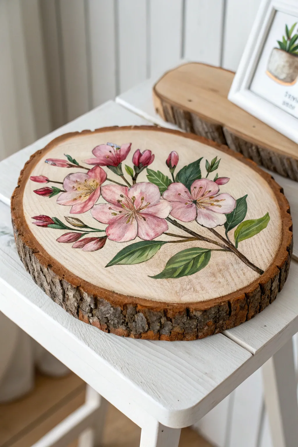 Celebrate the seasons with handcrafted floral beauty on wood slices. Perfect for adding a touch of nature to your space.