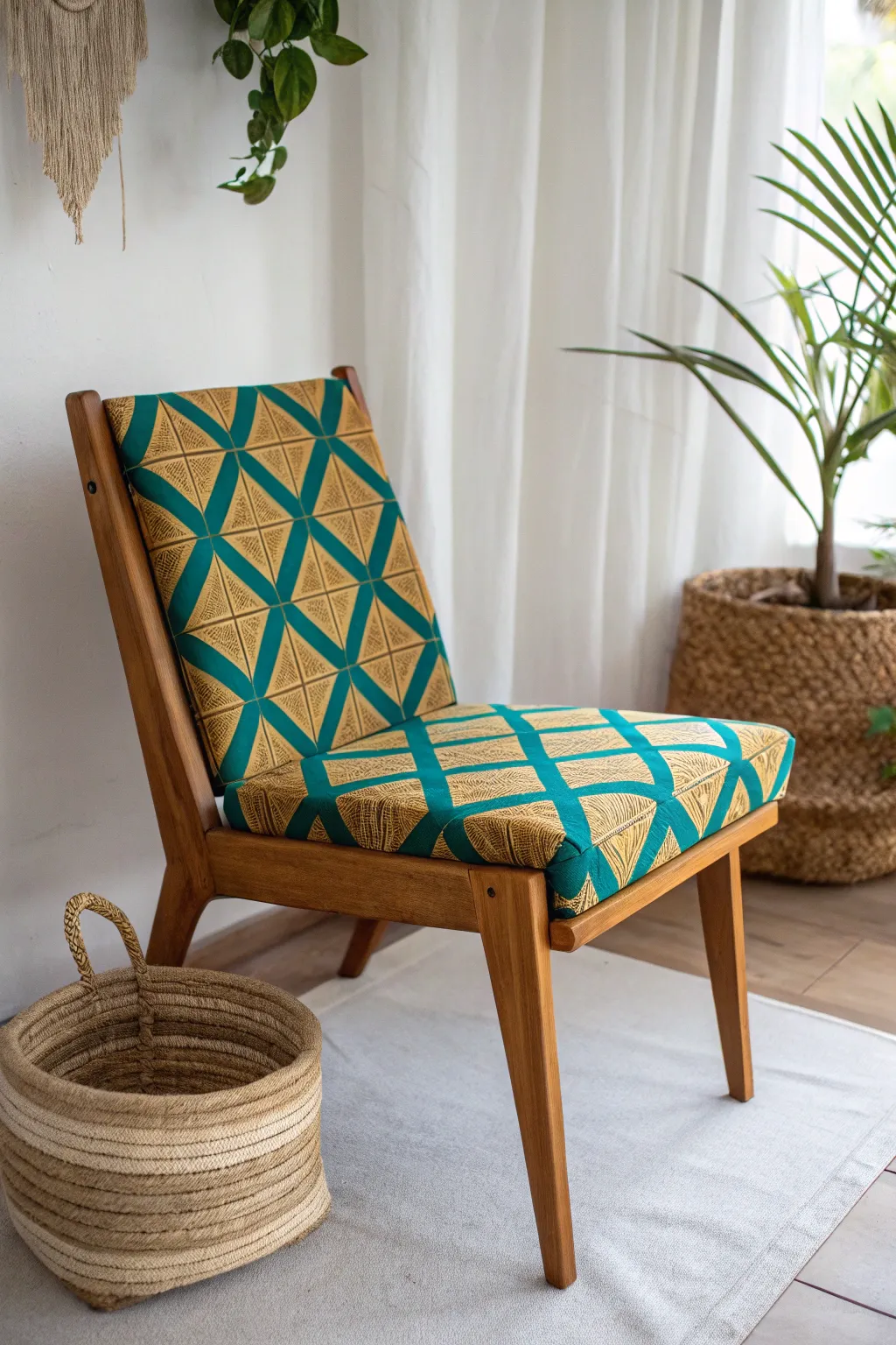 Transform your space with a bold fabric choice for your wooden chair—where Scandinavian minimalism meets vibrant boho flair!