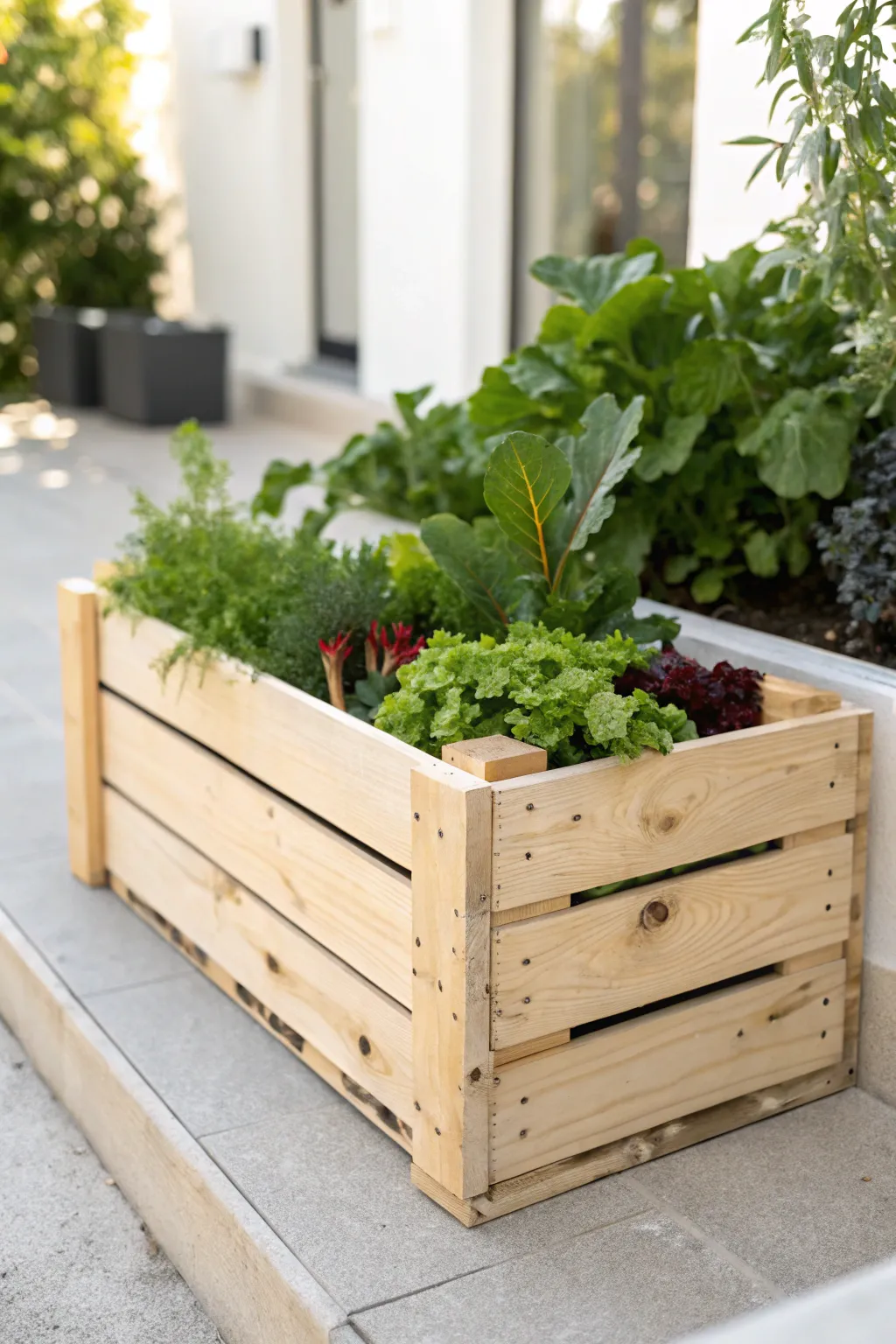 Elevate your garden style with a charming wooden crate for your herbs and veggies.