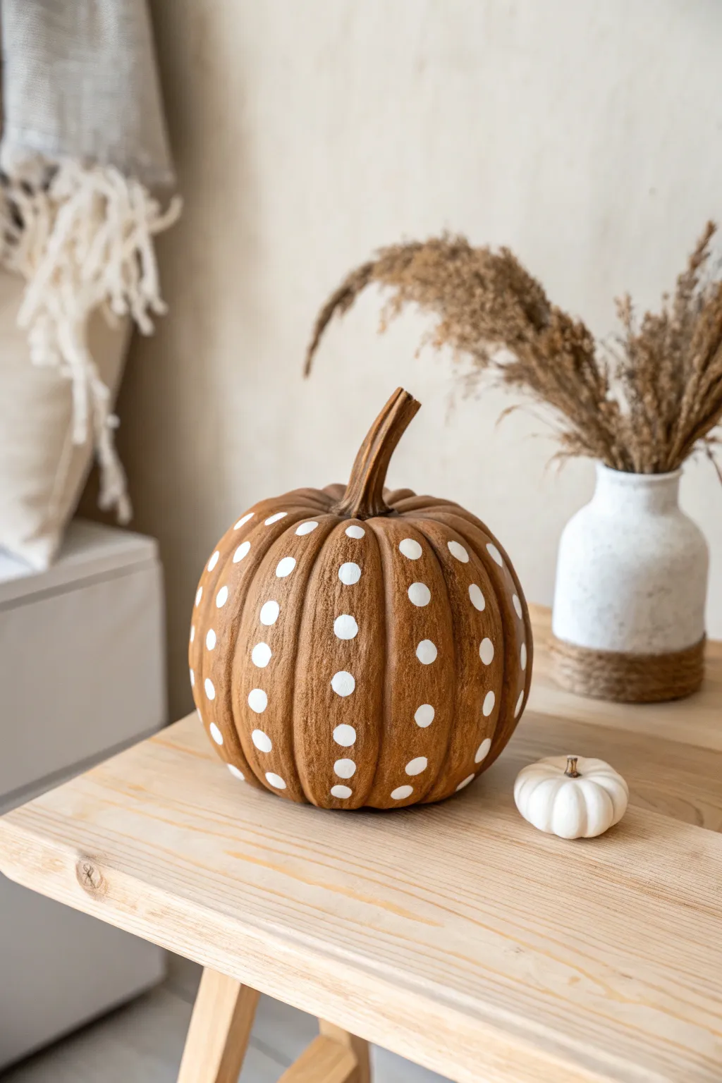 Embrace playful elegance with this polka dot wooden pumpkin, perfect for adding a touch of whimsy to your minimalist decor.
