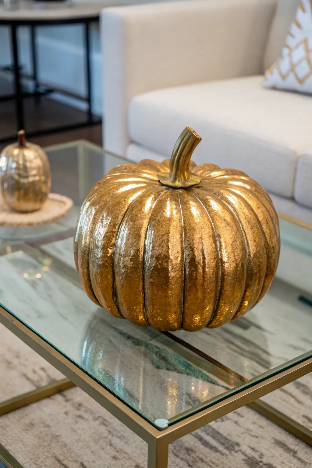 A metallic gold pumpkin brings a luxurious touch to fall decor.