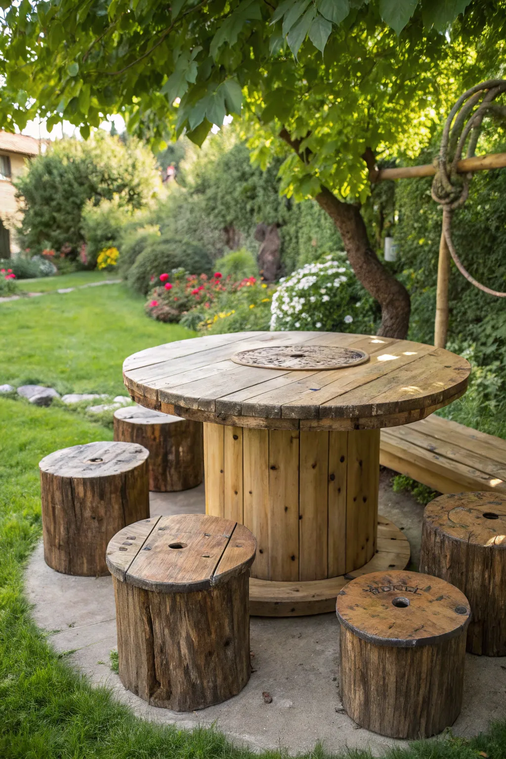 Transform your garden into a tranquil retreat with a handcrafted wooden spool table, perfect for serene mornings.