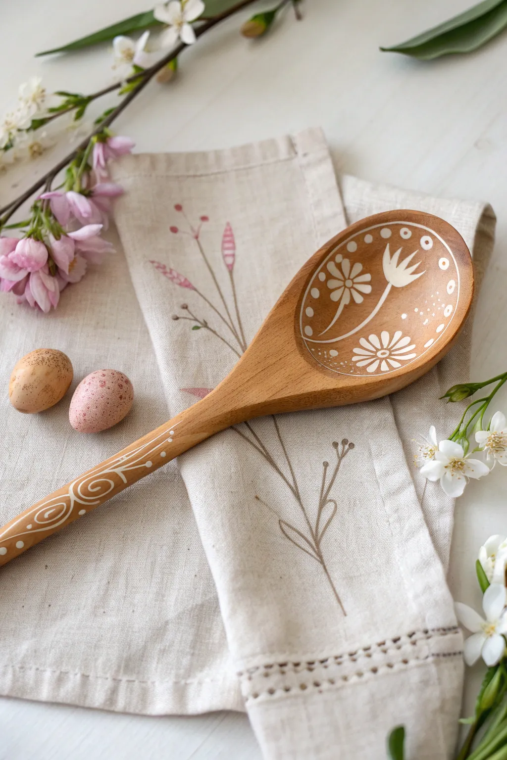 Infuse your kitchen with seasonal charm: hand-painted wooden spoons for a touch of springtime elegance.
