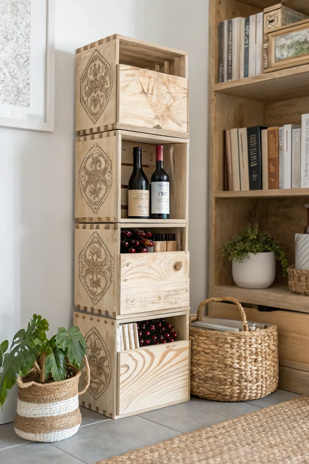 Transform your space with a unique wooden wine box bookshelf—where minimalism meets craftsmanship.