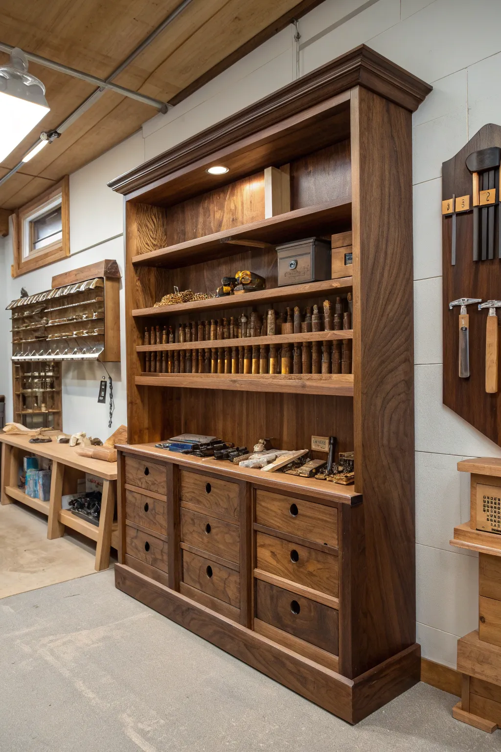 Elevate your workshop with elegant open shelving—where craftsmanship meets functionality.