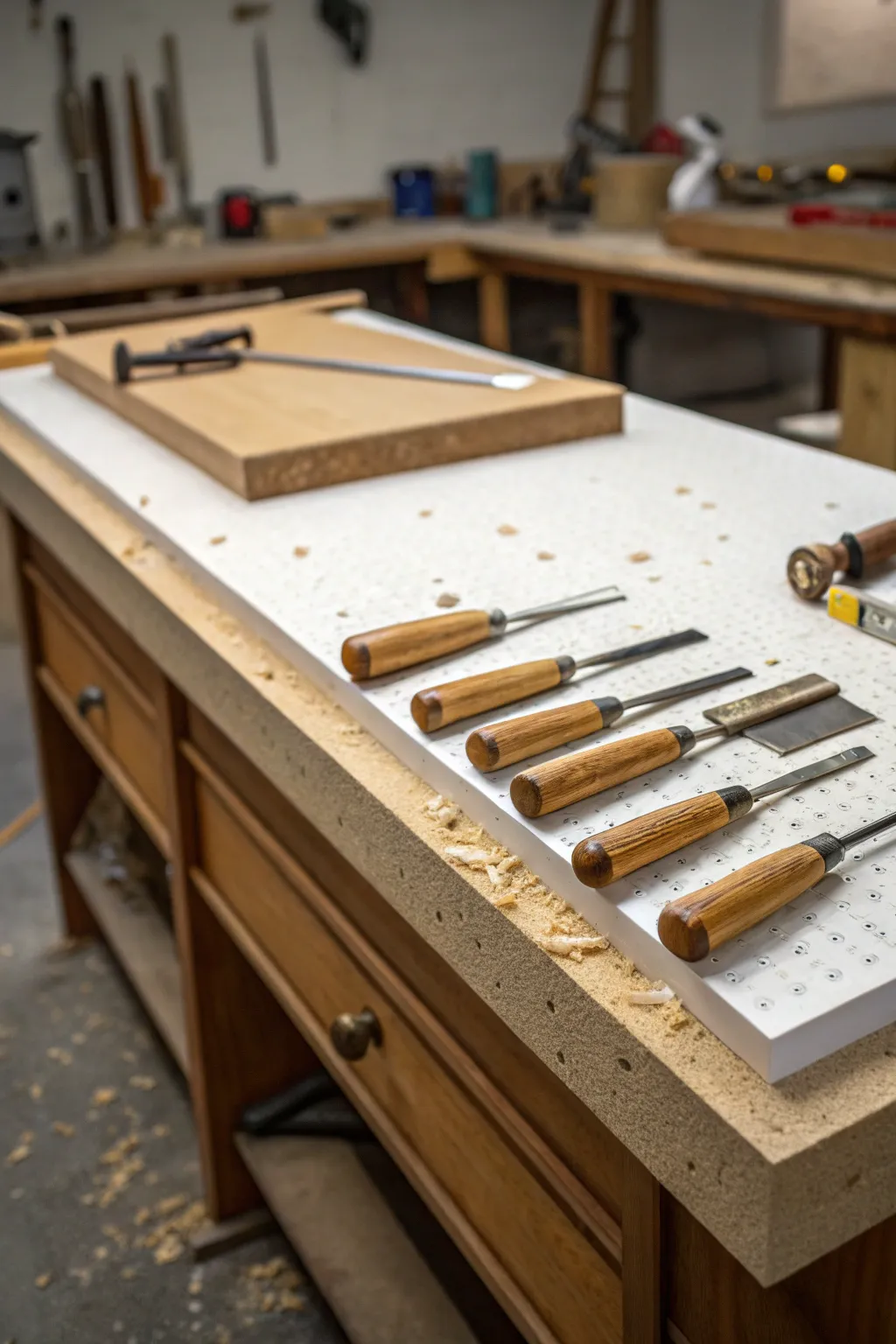 Elevate your workspace with the timeless elegance of a Masonite-topped workbench.