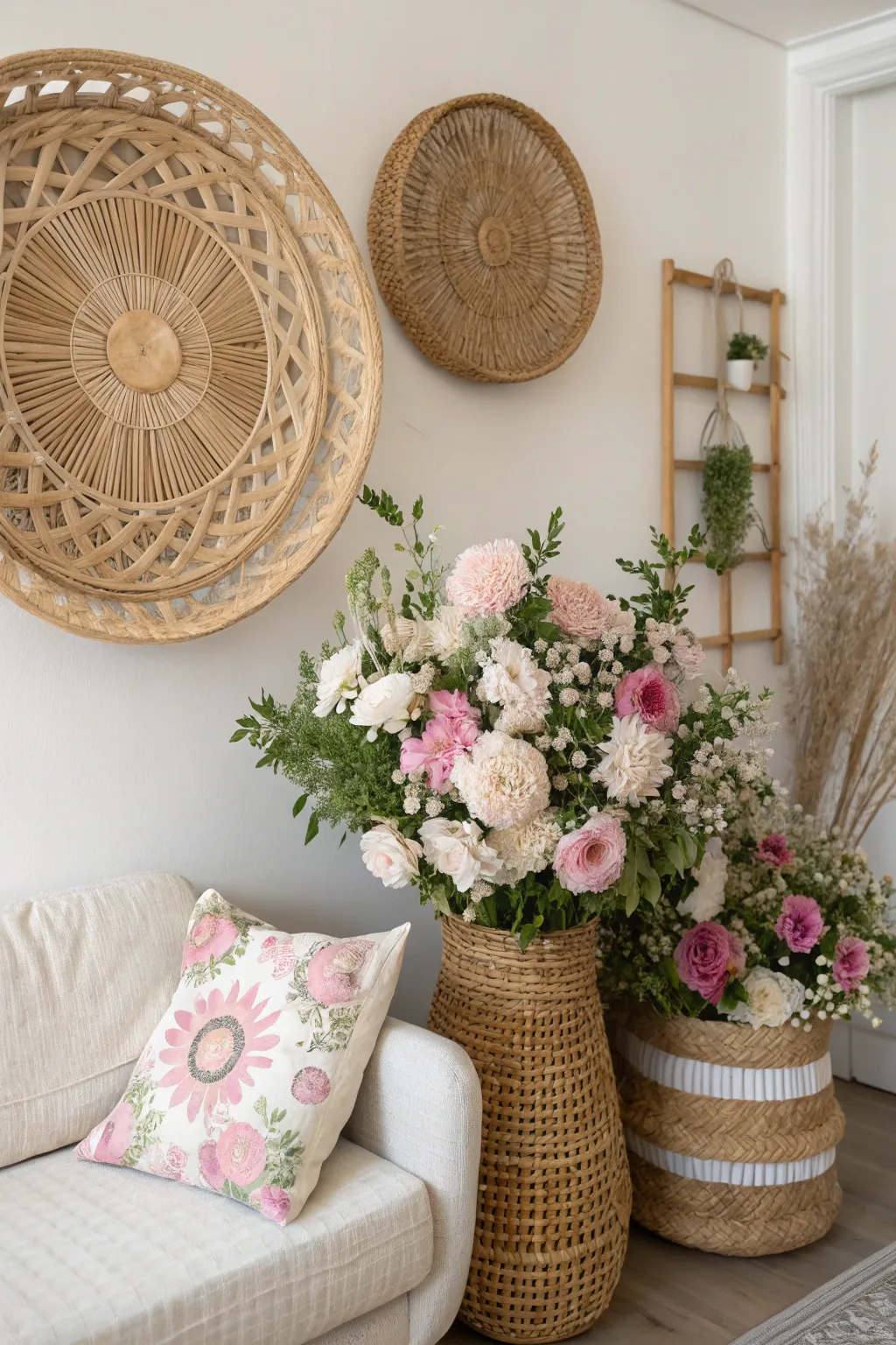 Elevate your wall decor with a charming and unique woven flower basket display that brings nature and artistry together.