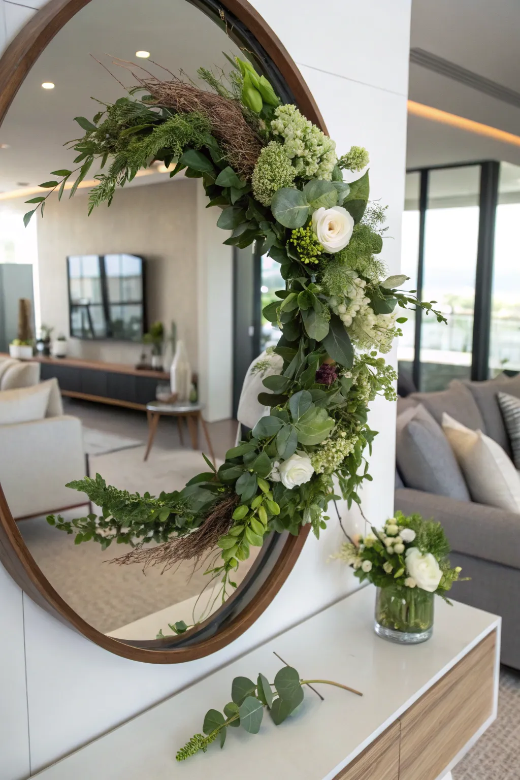 Asymmetrical elegance on a round mirror.