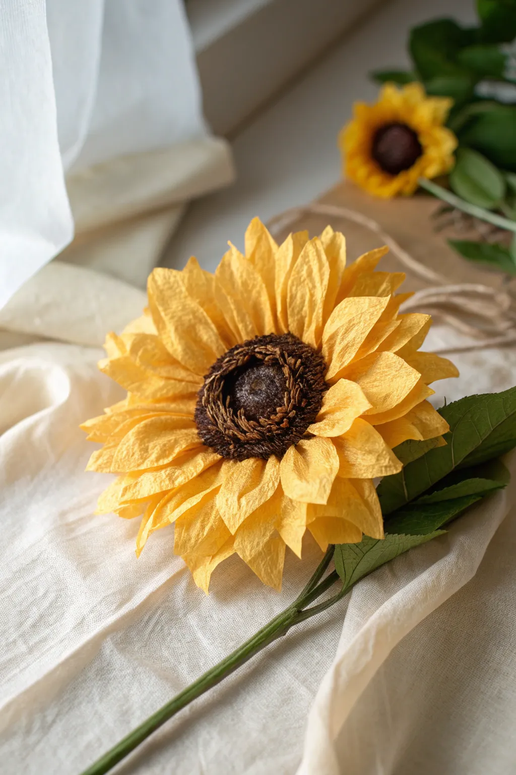 Bring sunshine indoors with a handcrafted tissue paper sunflower, a blend of simplicity and artistry.