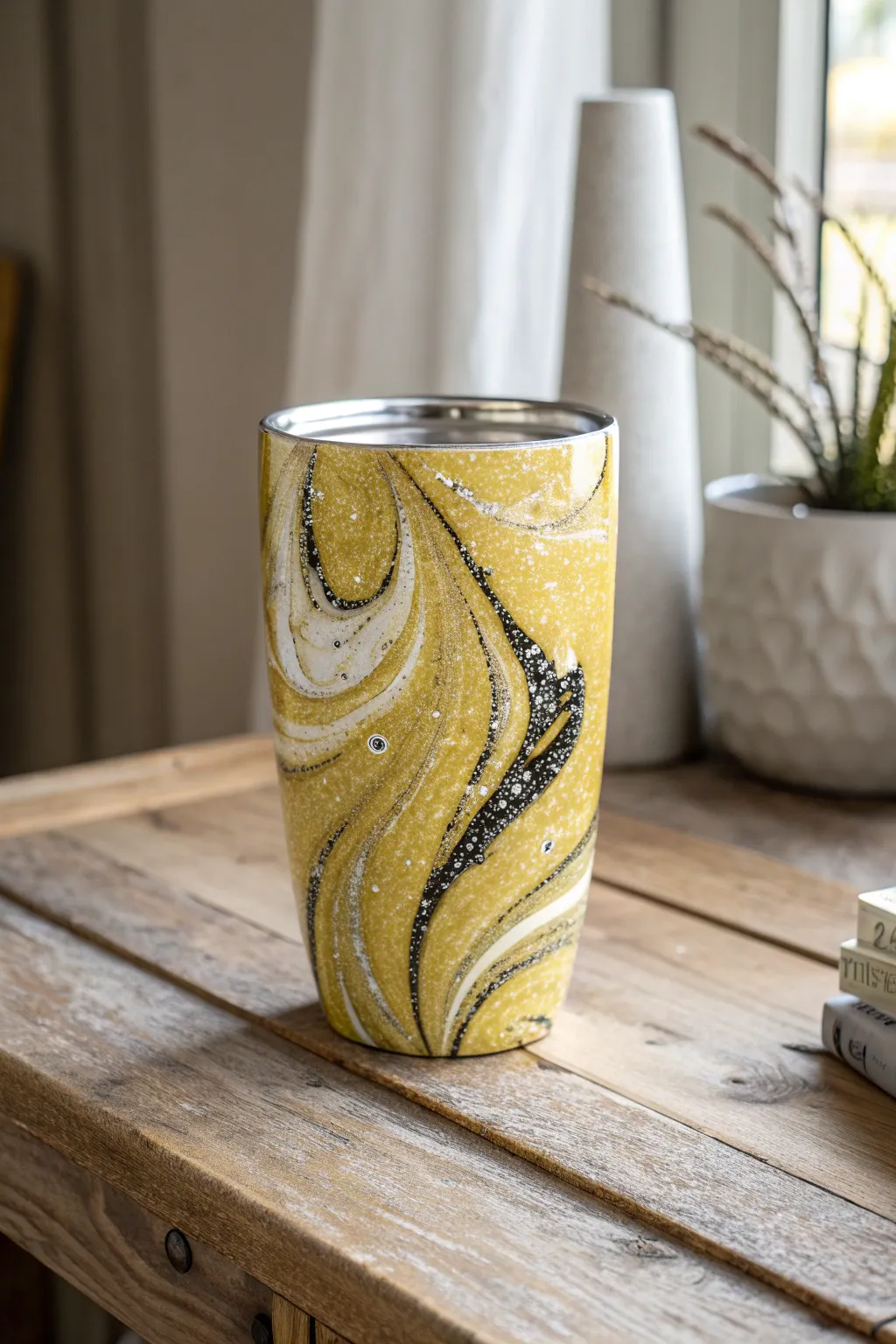 Discover the art of swirling elegance with this enchanting yellow glitter tumbler, where each swirl tells its own story.