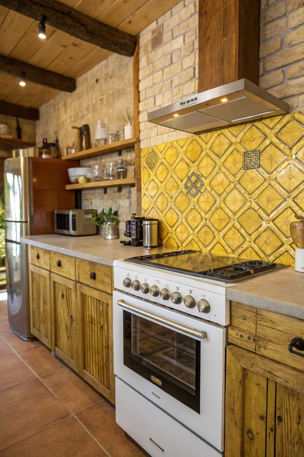 Textured yellow tiles bring rustic charm to a modern kitchen setting.