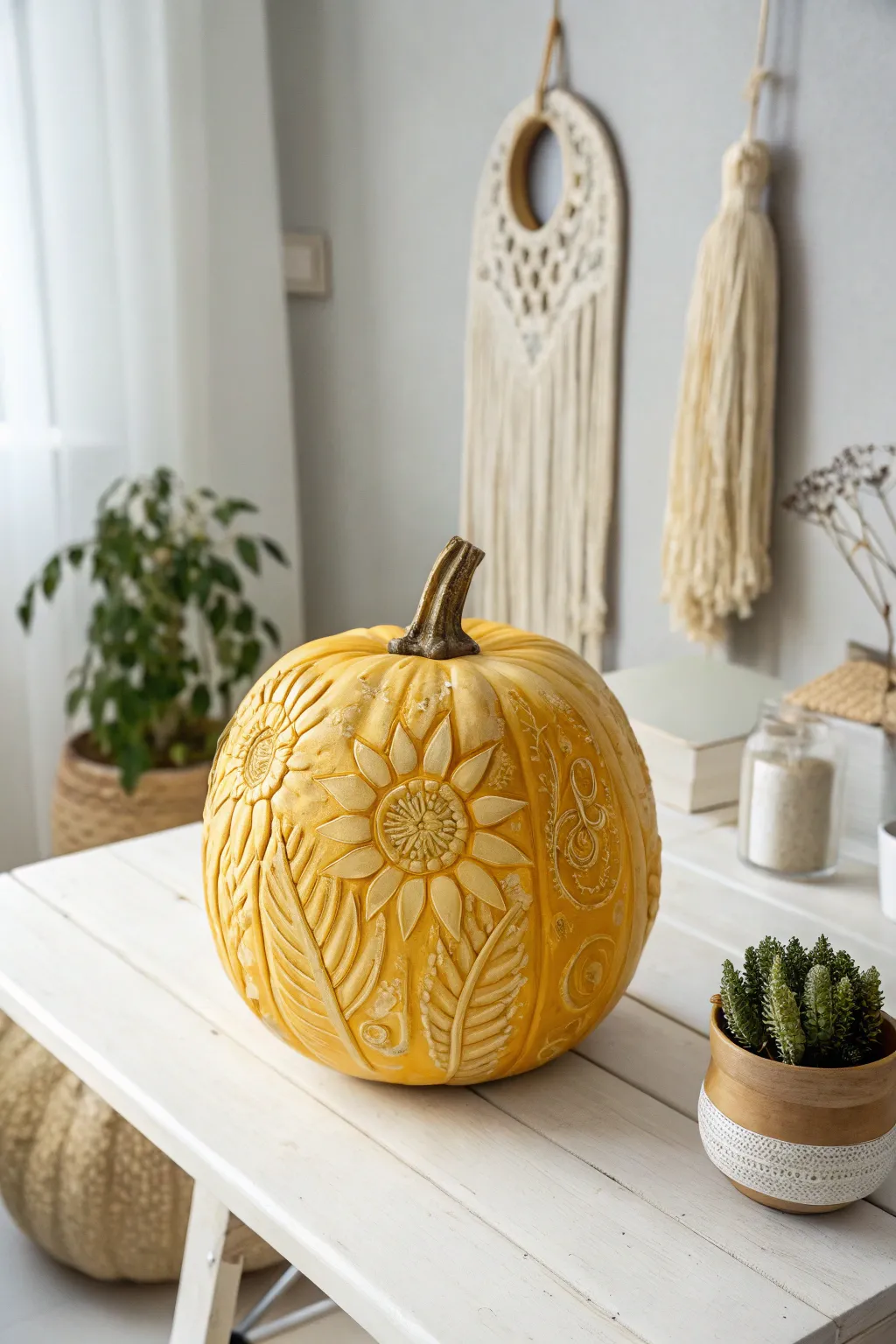 Capture the essence of sunny days with a beautifully carved sunflower pumpkin.