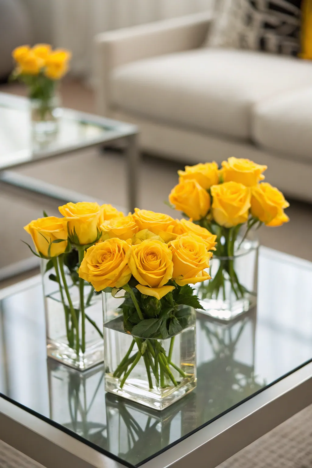 Modern minimalism with yellow roses in square vases.