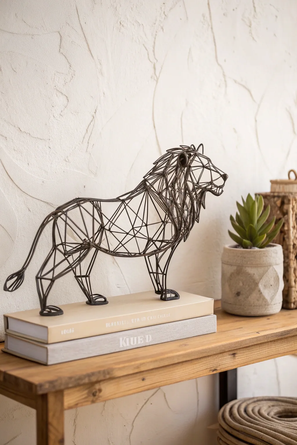 Unleash the beauty of minimalism with this handcrafted wire lion sculpture, a bold statement piece for a modern and elegant home.