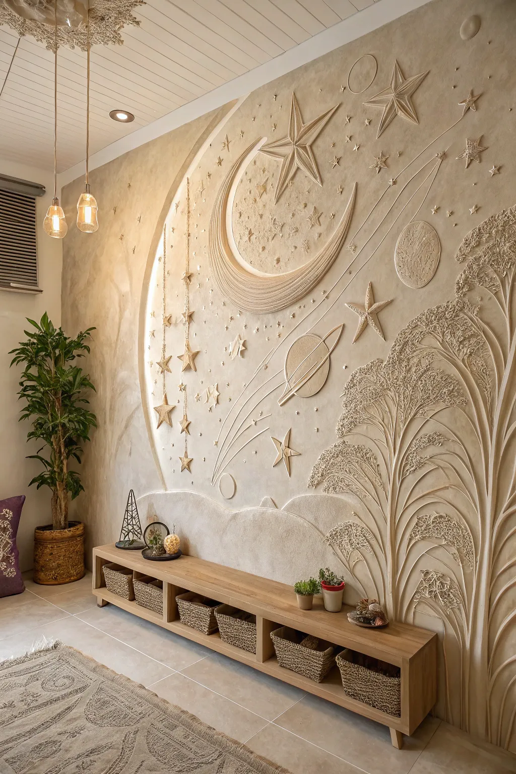 Transform your space into a cosmic oasis with this stunning 3D clay mural, where stars, moons, and planets inspire dreams and creativity.