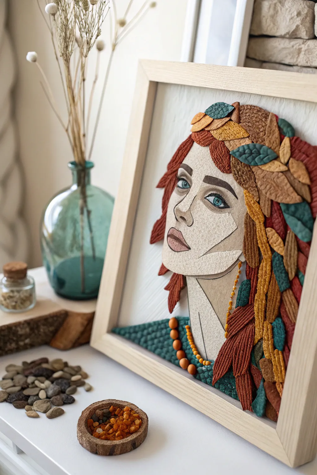 Discover the art of texture: A striking 3D portrait collage that blends simplicity with bold color and natural materials.