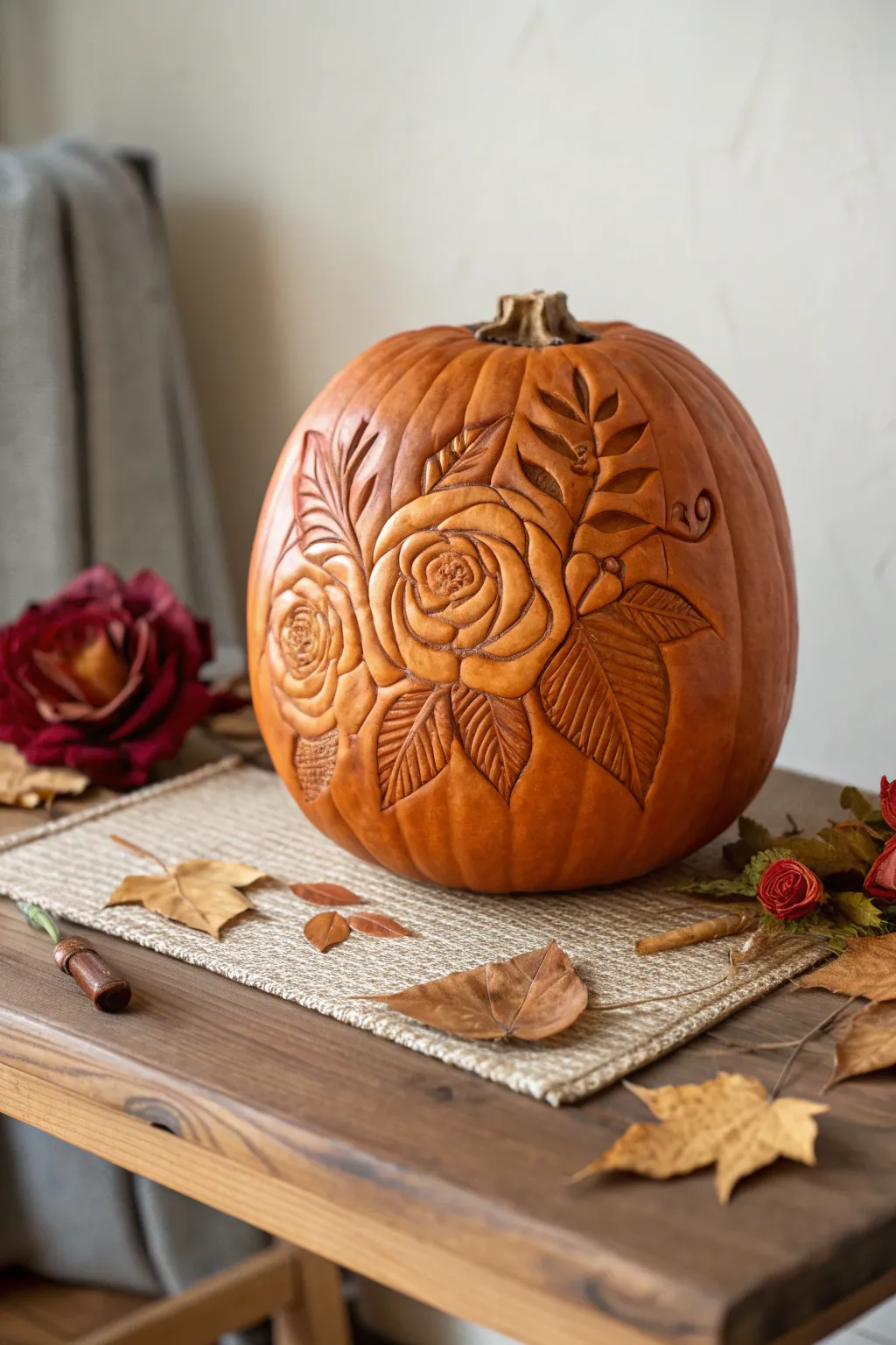 Elegance in Autumn: Let your pumpkin bloom with intricate floral carvings.