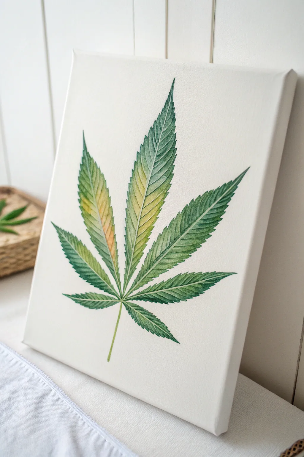 Embrace the beauty of simplicity with this minimalist cannabis leaf painting, where elegance meets natural charm.