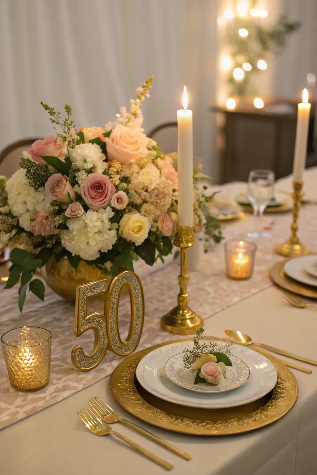 A beautifully set table with gold accents and floral arrangements, perfect for a 50th anniversary dinner.