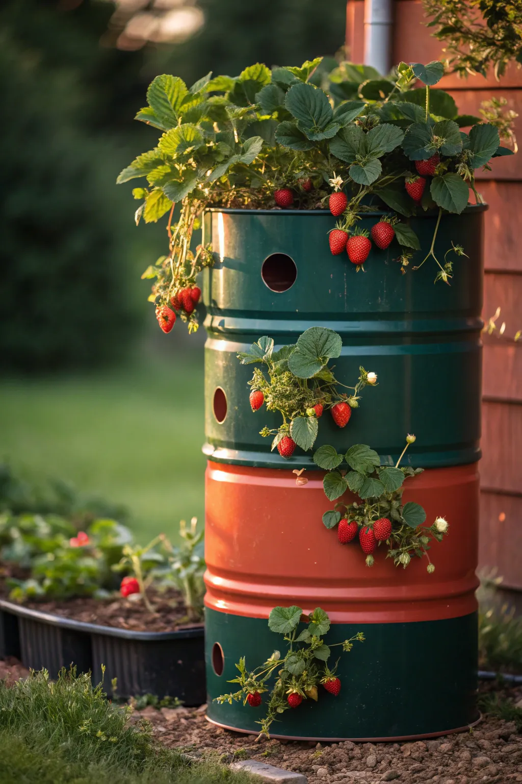 Transform your space with a vibrant vertical garden crafted from a 55-gallon drum — a bold statement in sustainable design!